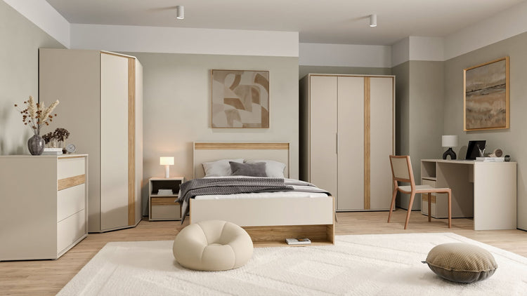 Wexlin jaunuolio baldų kolekcija – smėlio spalvos ir Mauvella ąžuolo derinio modernūs baldai šiuolaikiniam interjerui.