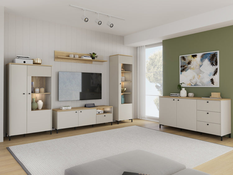 Bixbite elegantiška ir šiuolaikiška baldų kolekciją, smėlio ir ąžuolo spalvos