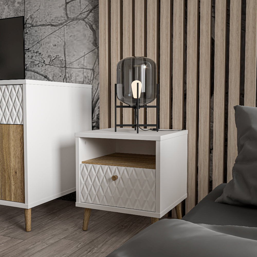 Naktinė spintelė Aksana baltos ir medžio spalvos