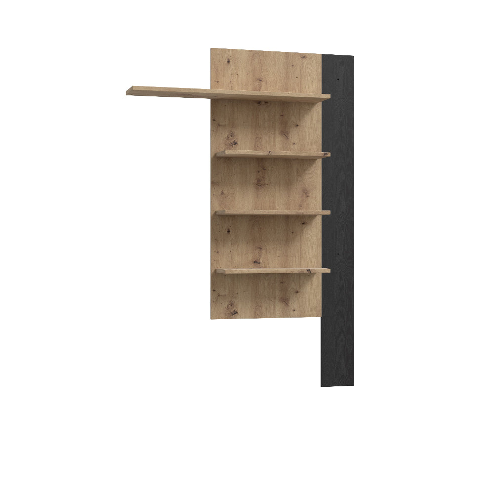 TV staliukas su sienine lentyna Breathtaker juodos spalvos ir natūralaus ąžuolo derinys moderniame interjere