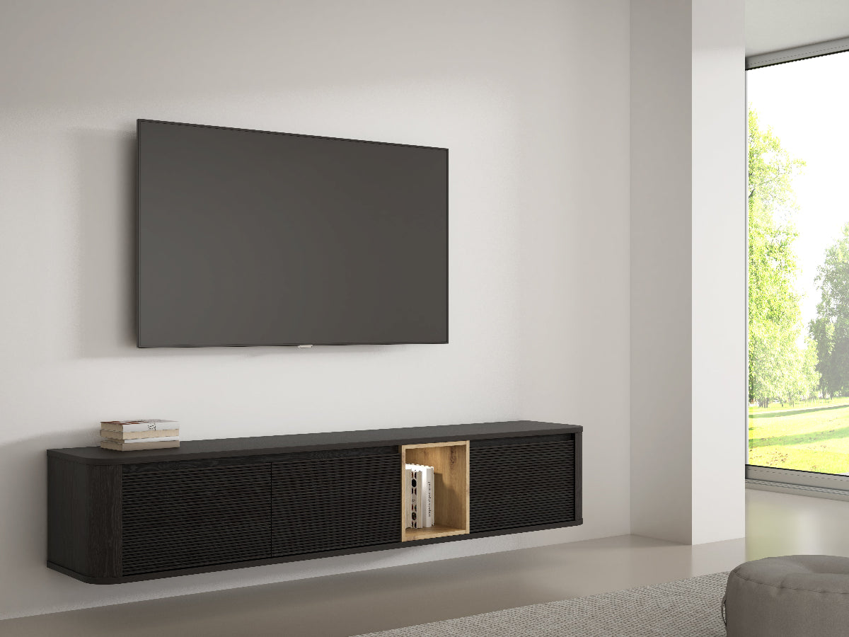 TV staliukas Breathaker juodos ir ąžuolo spalvos