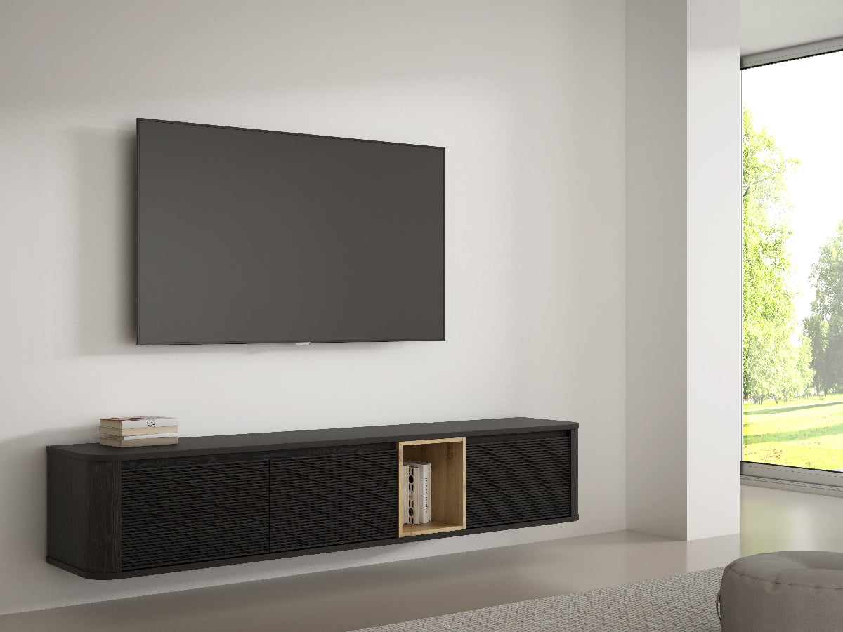 TV staliukas Breathaker juodos ir ąžuolo spalvos