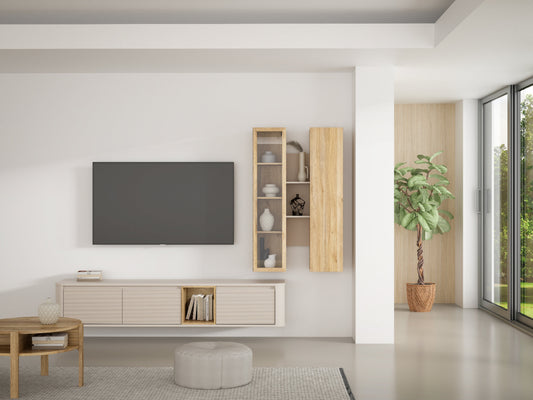 TV staliukas su pakabinamomis vitrininėmis lentynomis Breathtaker šviesiai smėlio ir natūralaus ąžuolo spalvos svetainės interjere