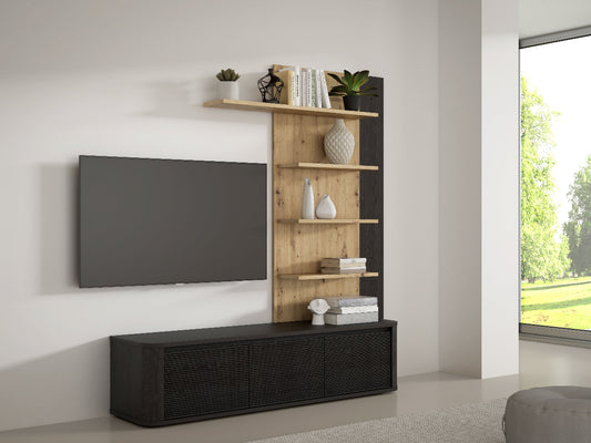 TV staliukas su sienine lentyna Breathtaker juodos spalvos ir natūralaus ąžuolo derinys moderniame interjere