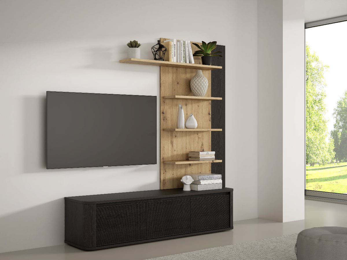 TV staliukas su sienine lentyna Breathtaker juodos spalvos ir natūralaus ąžuolo derinys moderniame interjere