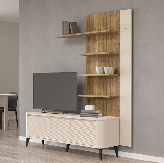 TV staliukas su pakabinamomis vitrininėmis lentynomis Breathtaker šviesiai smėlio ir natūralaus ąžuolo spalvos