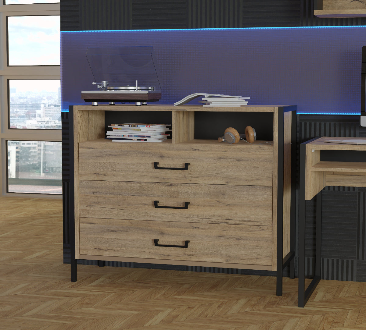 Oriental Tree komoda su trimis stalčiais natūralaus ąžuolo spalvos