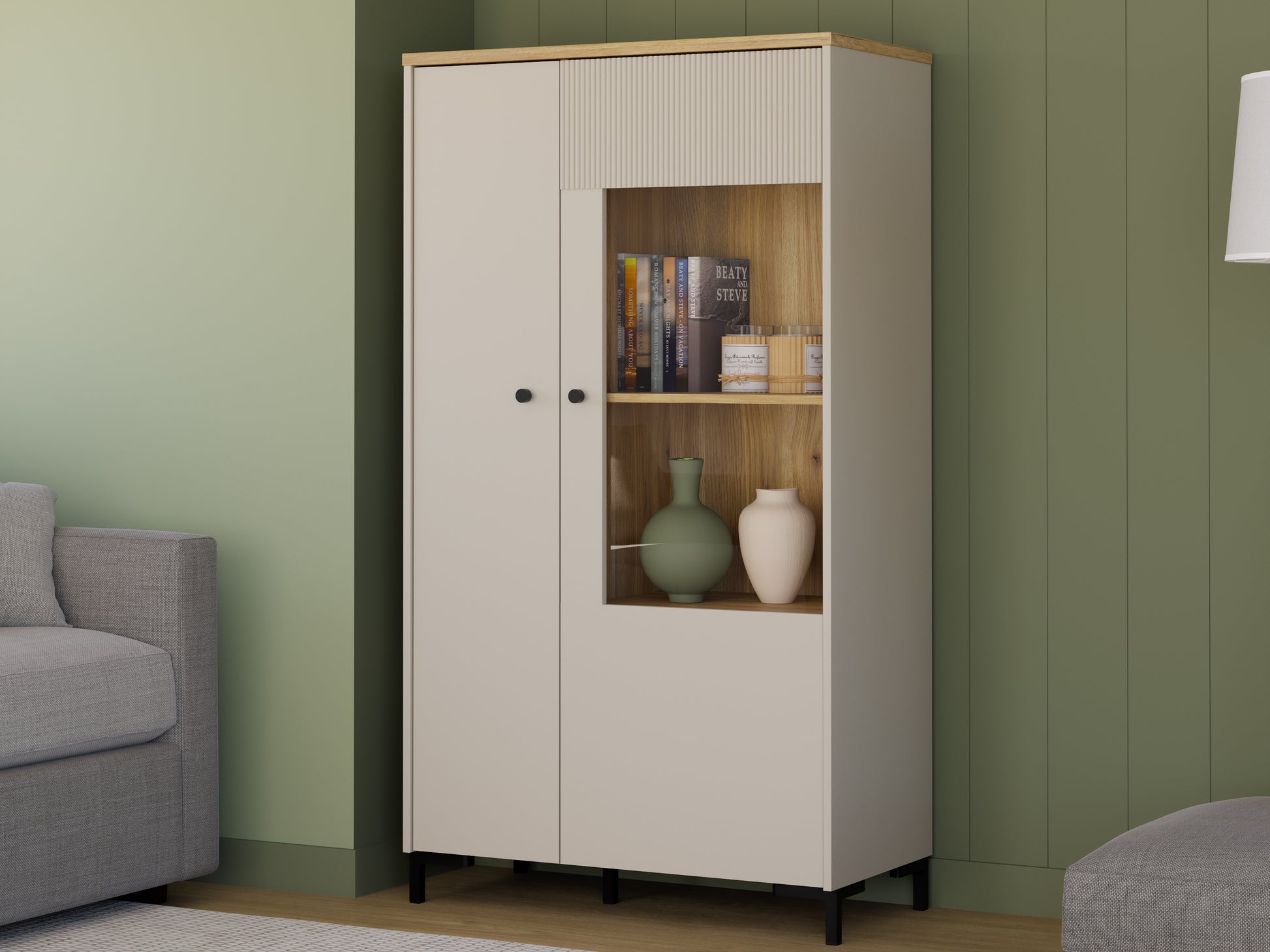 Bixbite kolekcijos indauja su stiklinėmis durelėmis, smėlio ir Mauvela ąžuolo spalvos