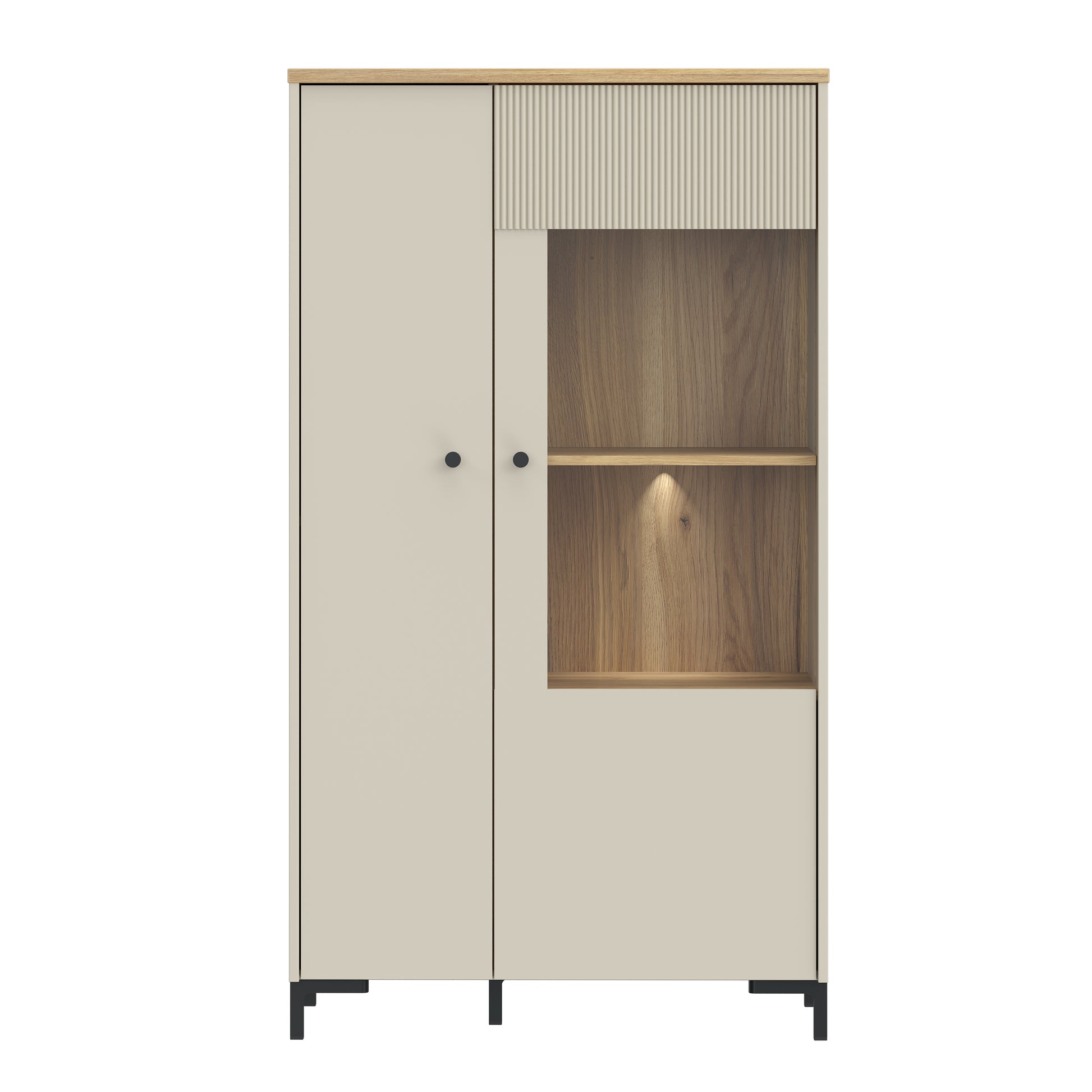 Bixbite kolekcijos indauja su stiklinėmis durelėmis, smėlio ir Mauvela ąžuolo spalvos