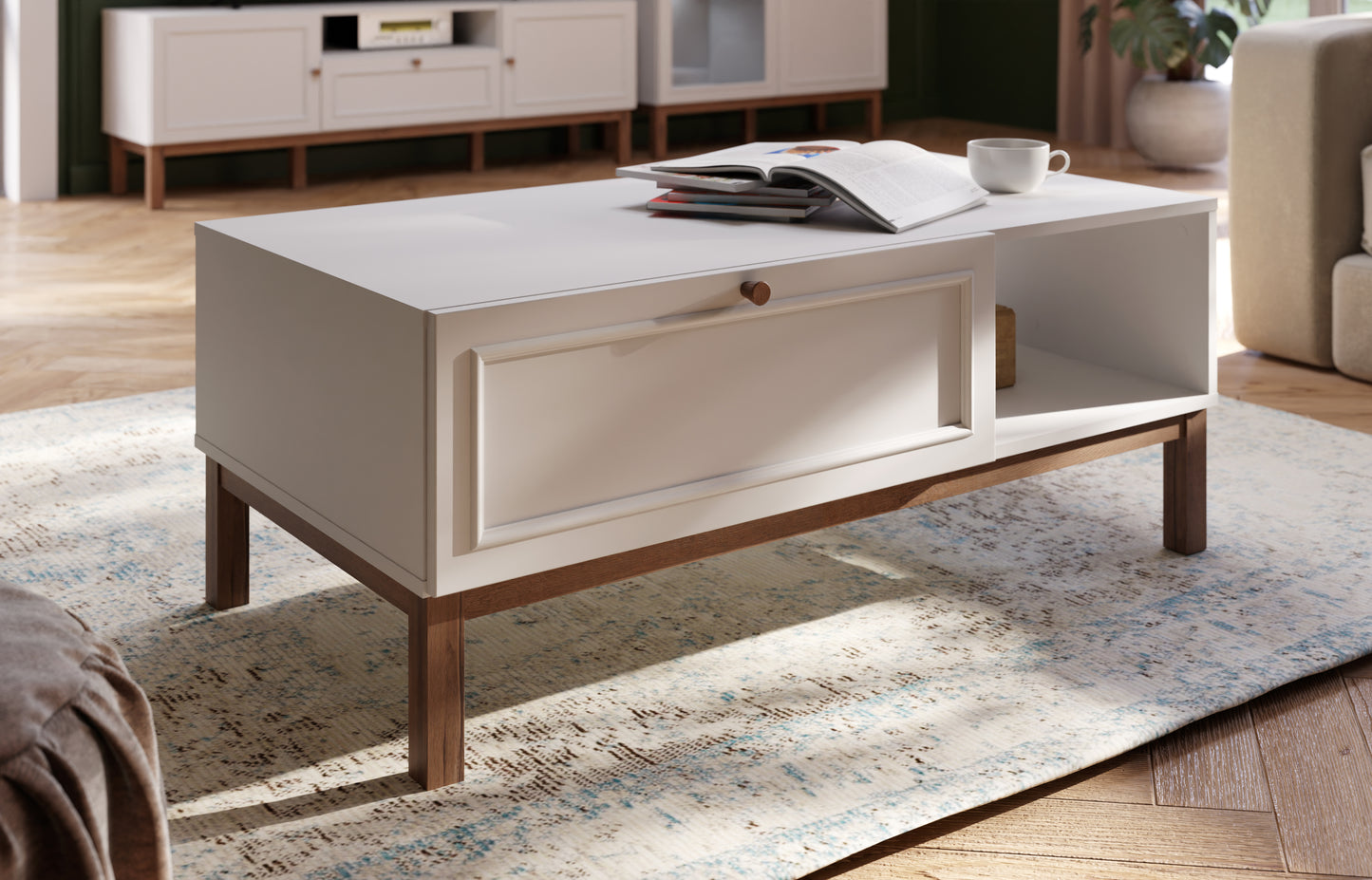 Penkrige kavos staliukas šviesiai pilkas su medžio spalvos detalėmis