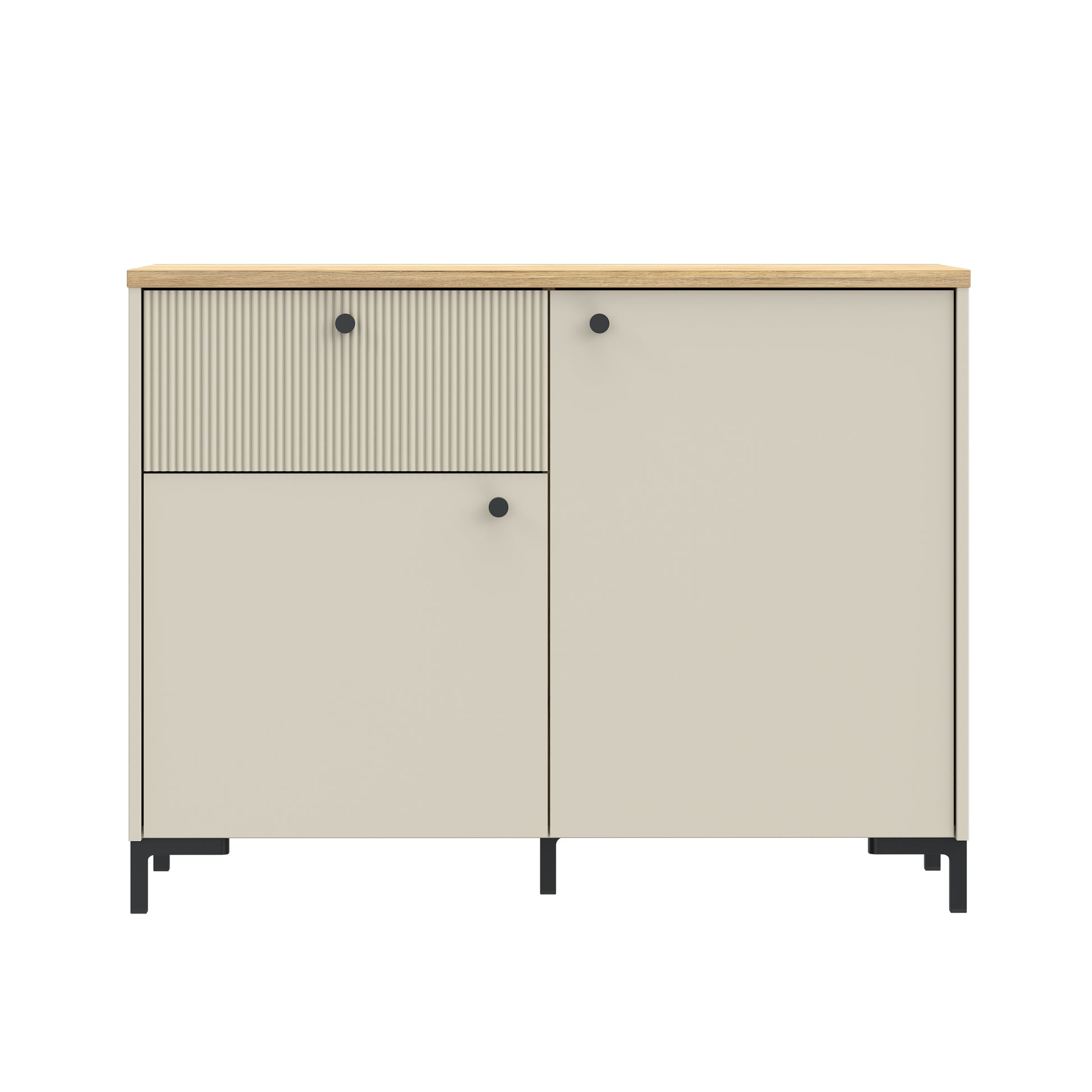 Bixbite kolekcijos komoda su stalčiumi ir dviem durelėmis, smėlio ir Mauvela ąžuolo spalvos