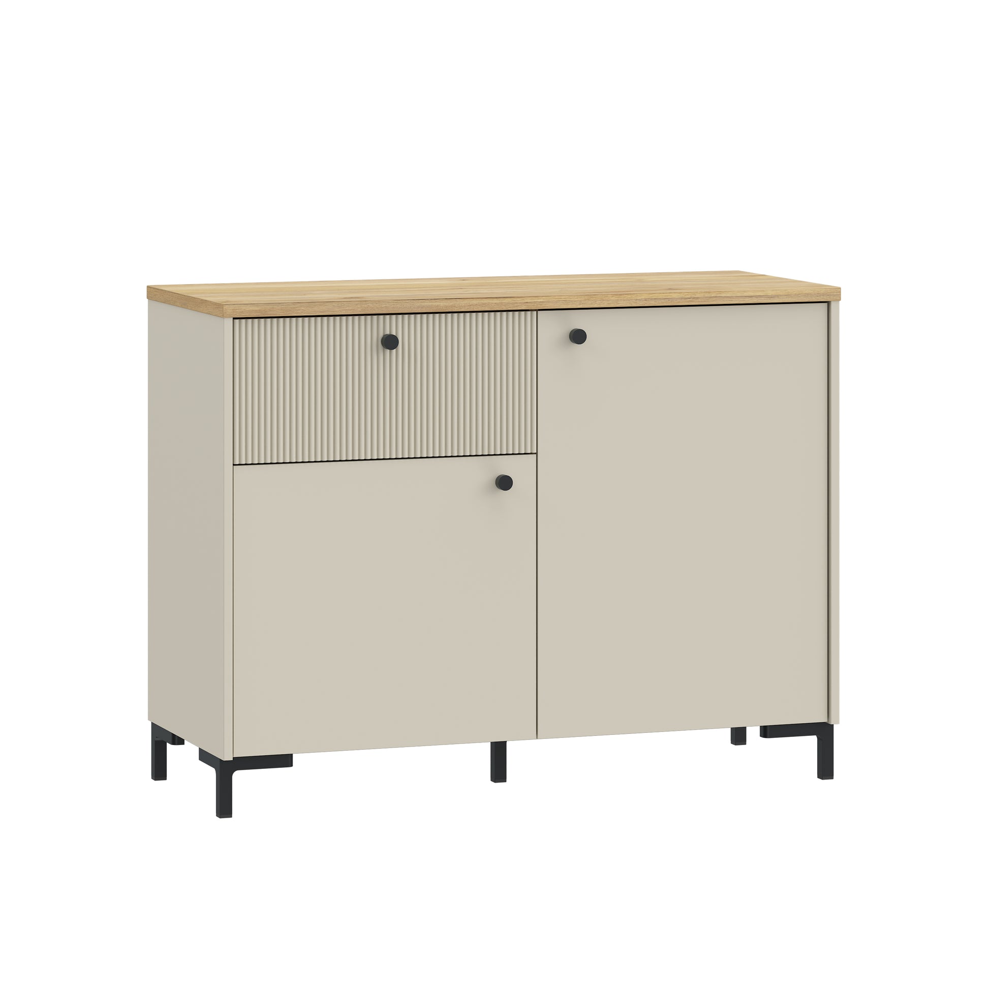 Bixbite kolekcijos komoda su stalčiumi ir dviem durelėmis, smėlio ir Mauvela ąžuolo spalvos