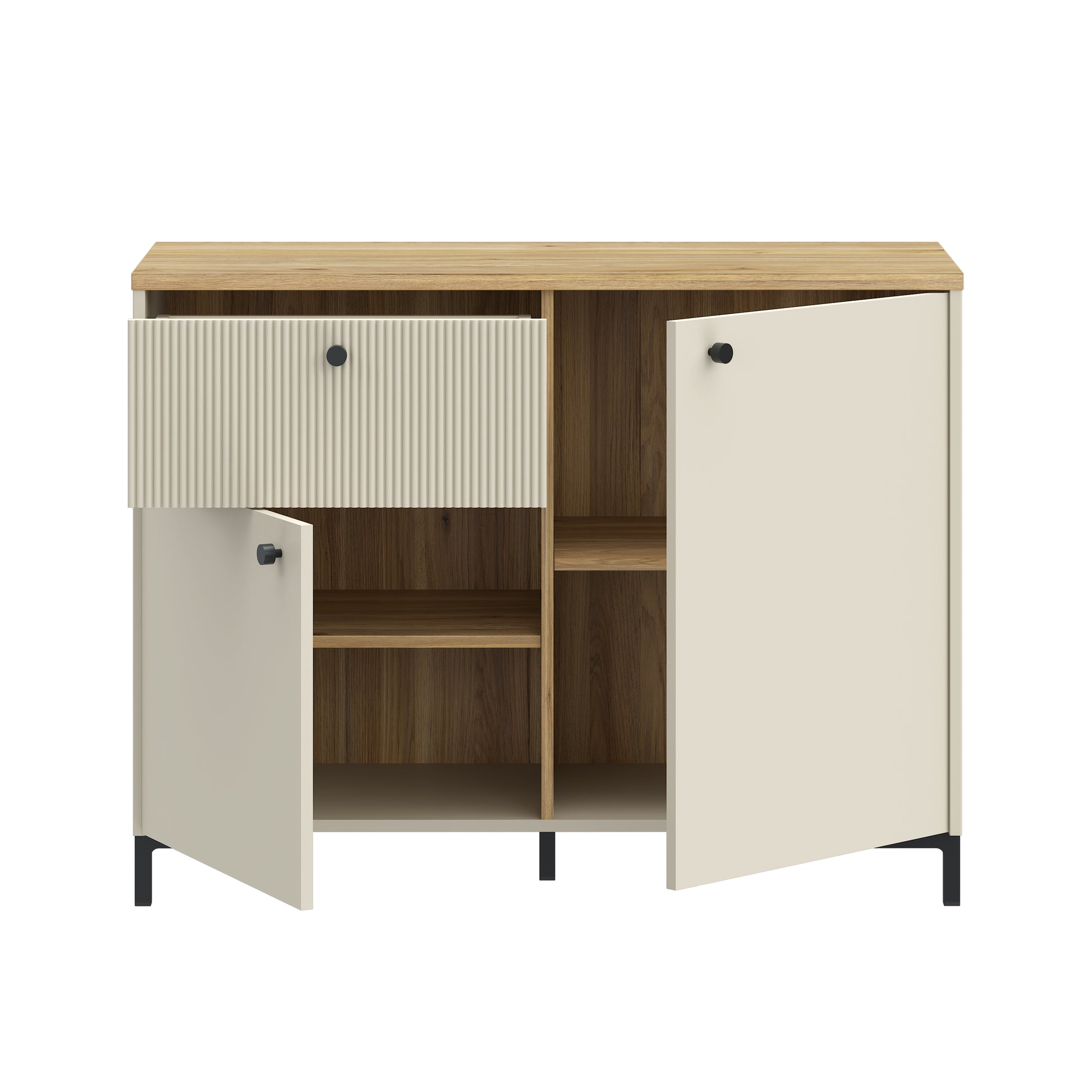 Bixbite kolekcijos komoda su stalčiumi ir dviem durelėmis, smėlio ir Mauvela ąžuolo spalvos