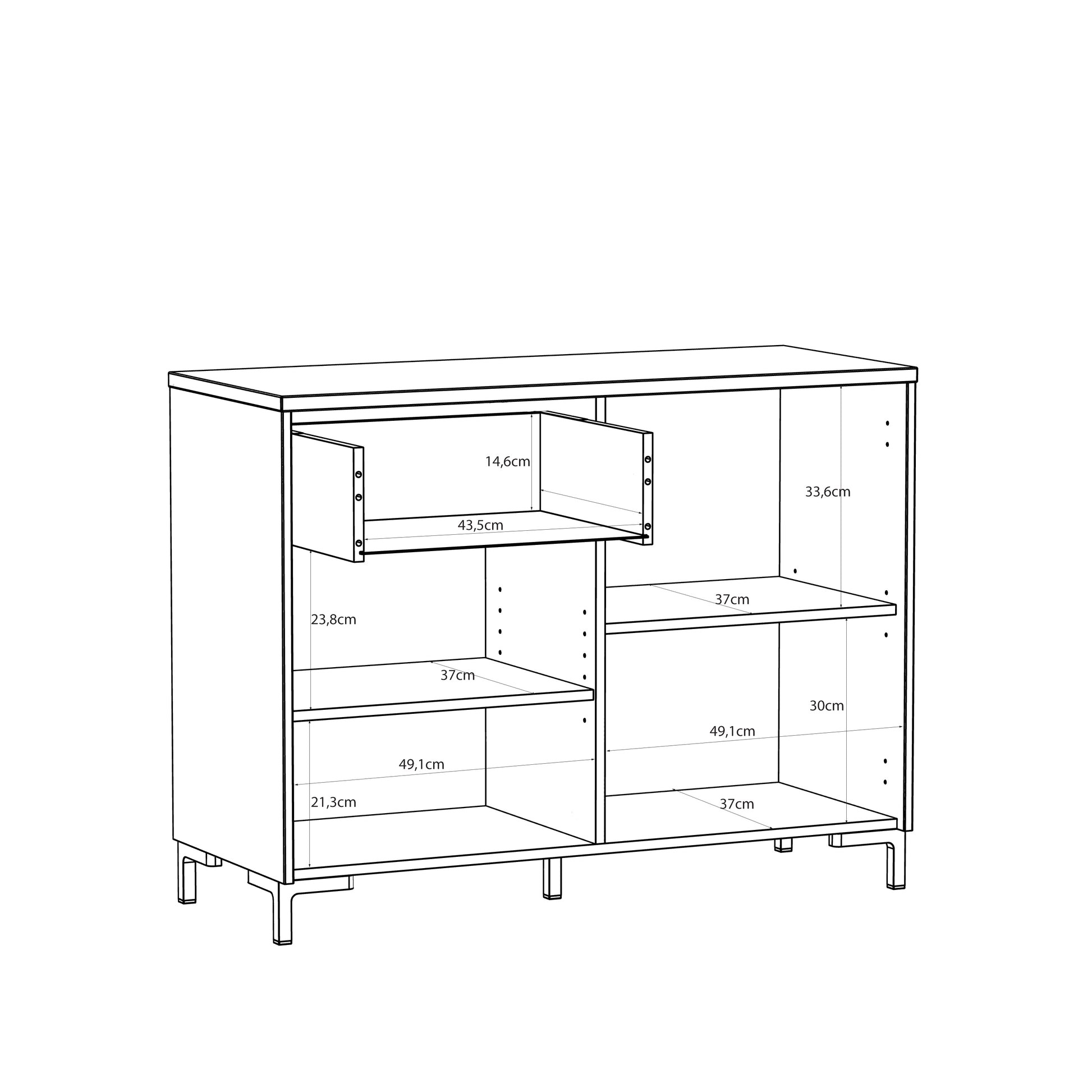 Bixbite kolekcijos komoda su stalčiumi ir dviem durelėmis, smėlio ir Mauvela ąžuolo spalvos