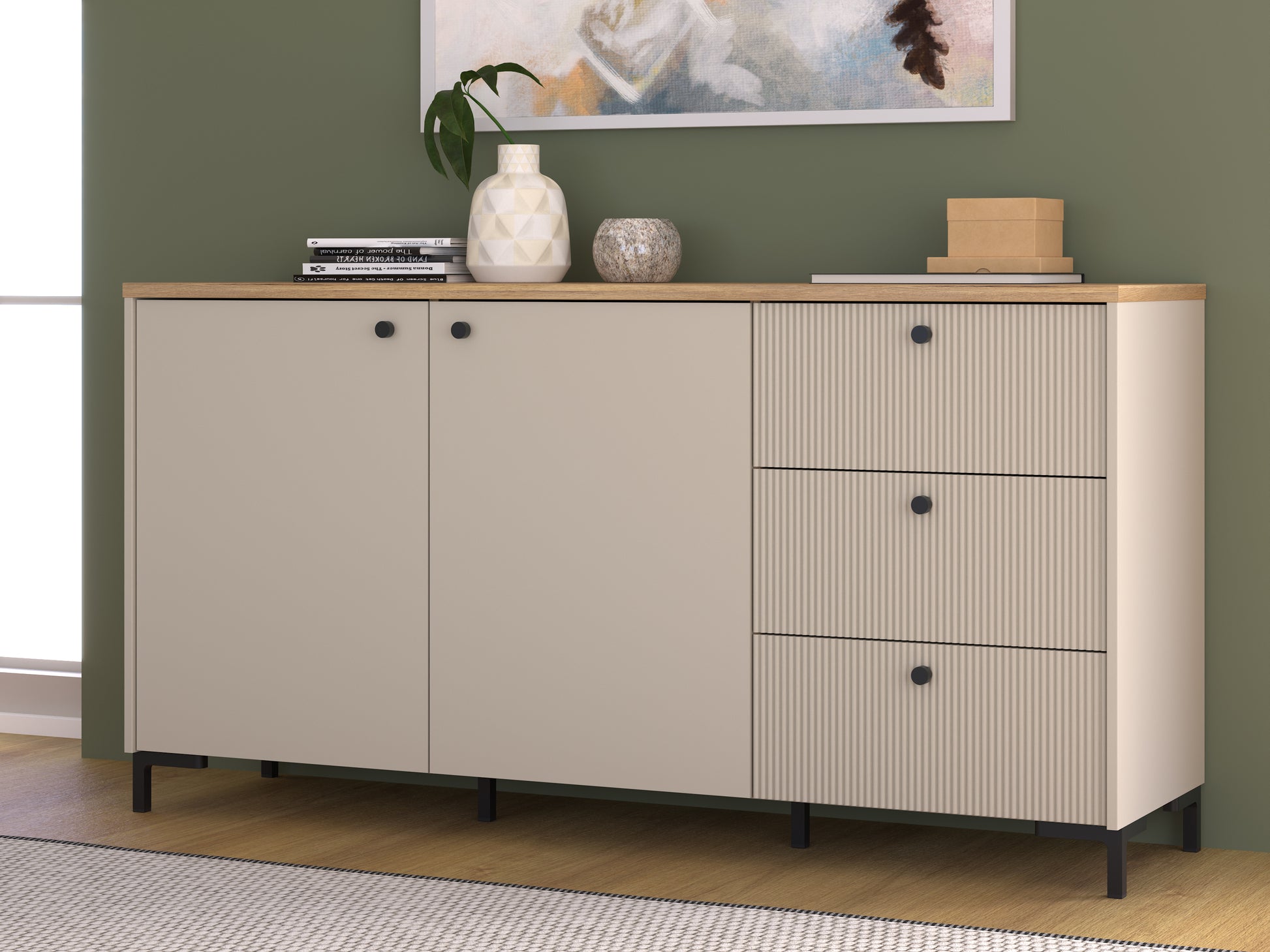 Bixbite komoda su trimis stalčiais ir dviem durelėmis, smėlio ir Mauvela ąžuolo spalvos