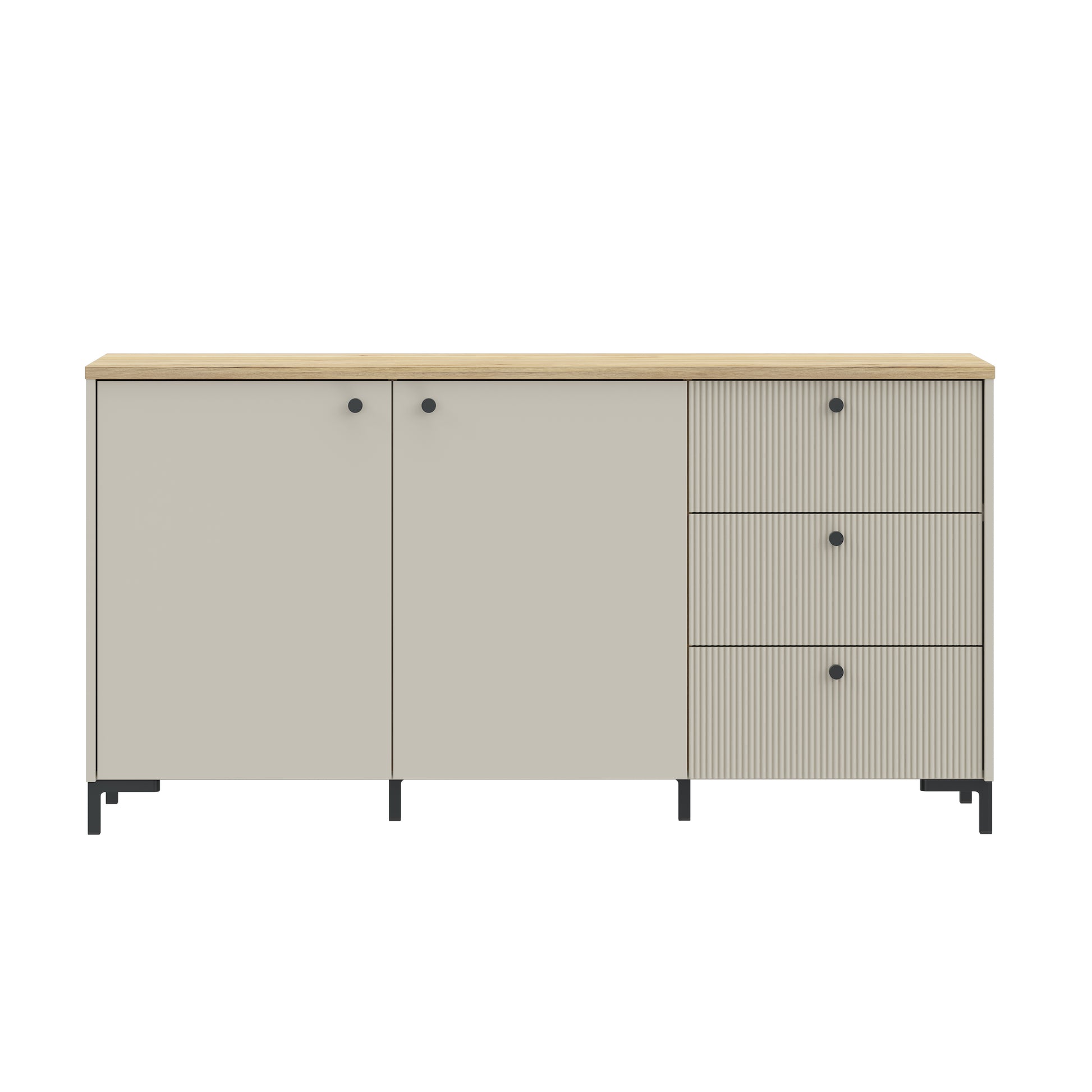 Bixbite komoda su trimis stalčiais ir dviem durelėmis, smėlio ir Mauvela ąžuolo spalvos