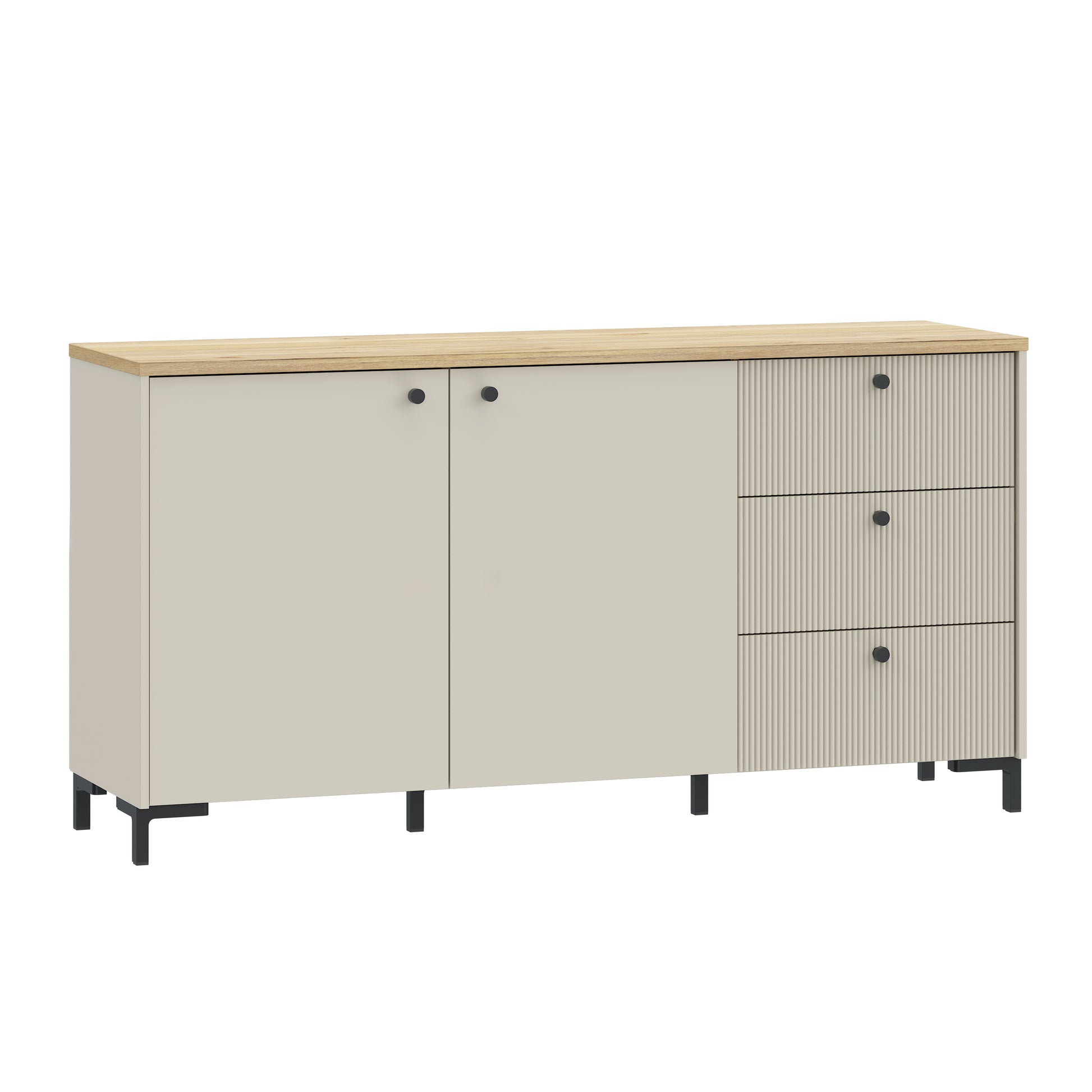 Bixbite komoda su trimis stalčiais ir dviem durelėmis, smėlio ir Mauvela ąžuolo spalvos