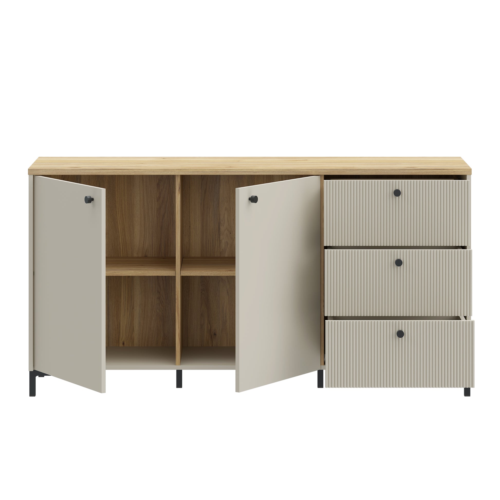 Bixbite komoda su trimis stalčiais ir dviem durelėmis, smėlio ir Mauvela ąžuolo spalvos
