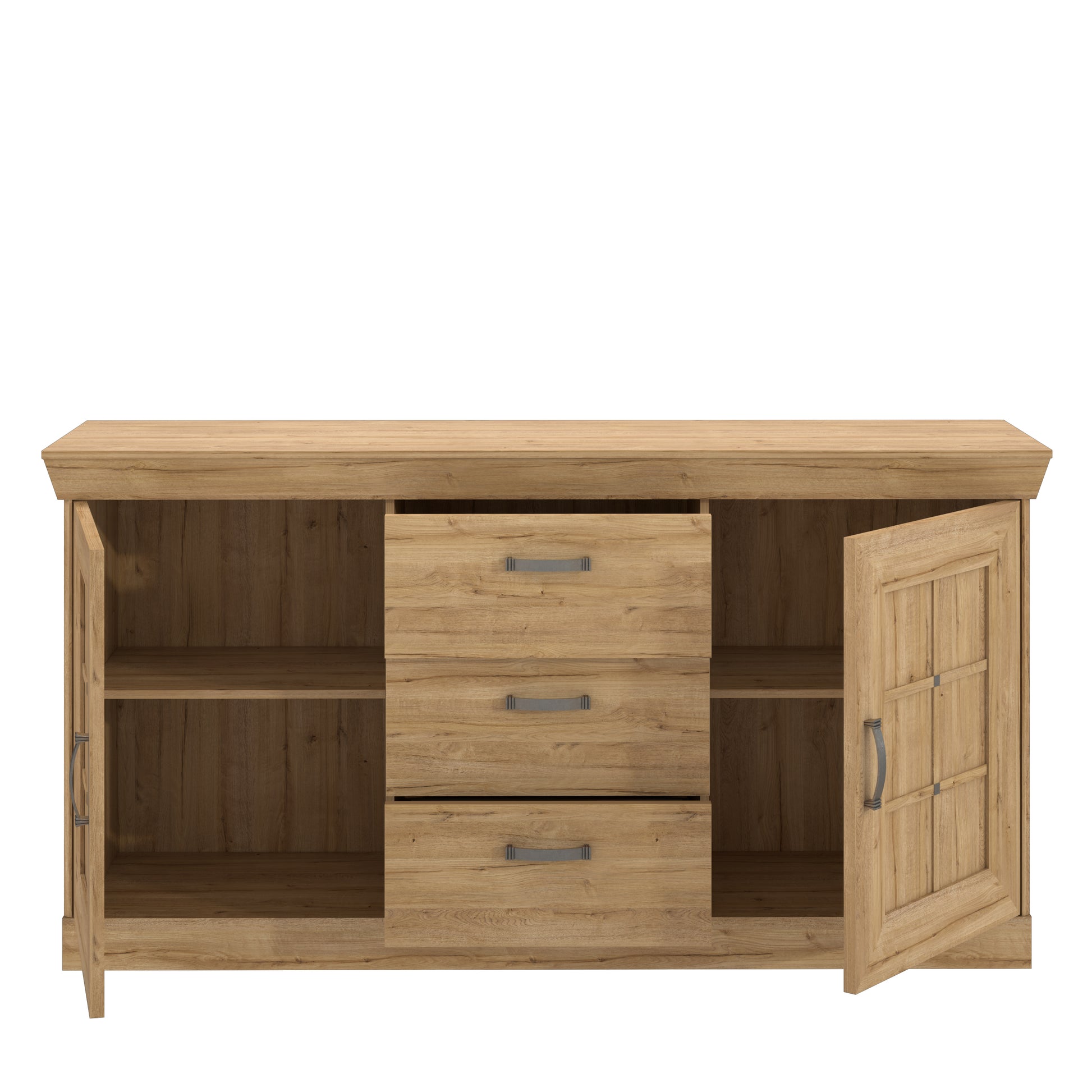 Kalikst kolekcijos komoda su trimis stalčiais ir dviem durelėmis, ąžuolo spalvos