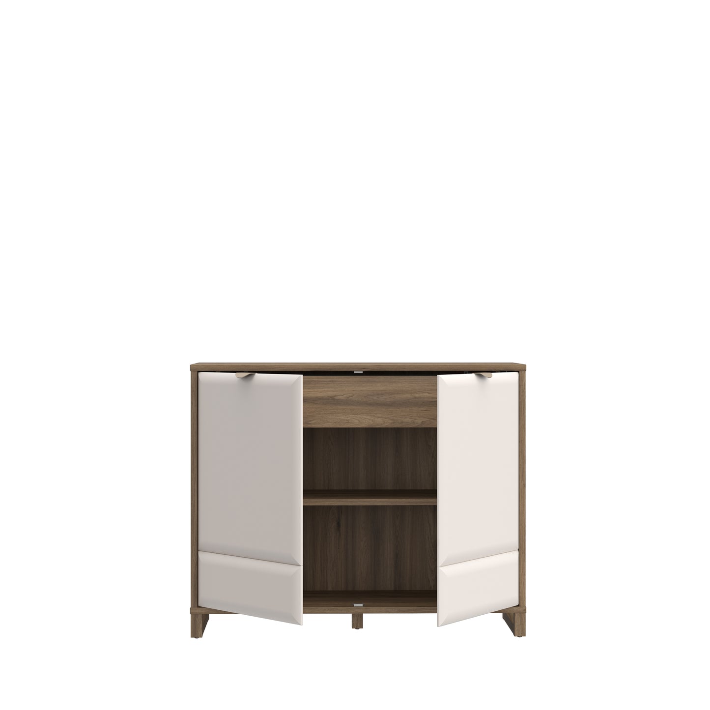 Komoda Mareda šviesios ir medžio spalvų jaukus derinys, su detalėmis ir lentynomis