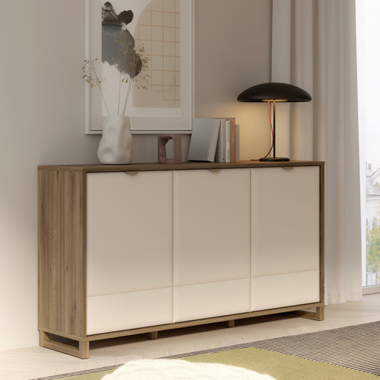 Komoda Mareda šviesios ir medžio spalvų derinys, 3durelės su lentynomis