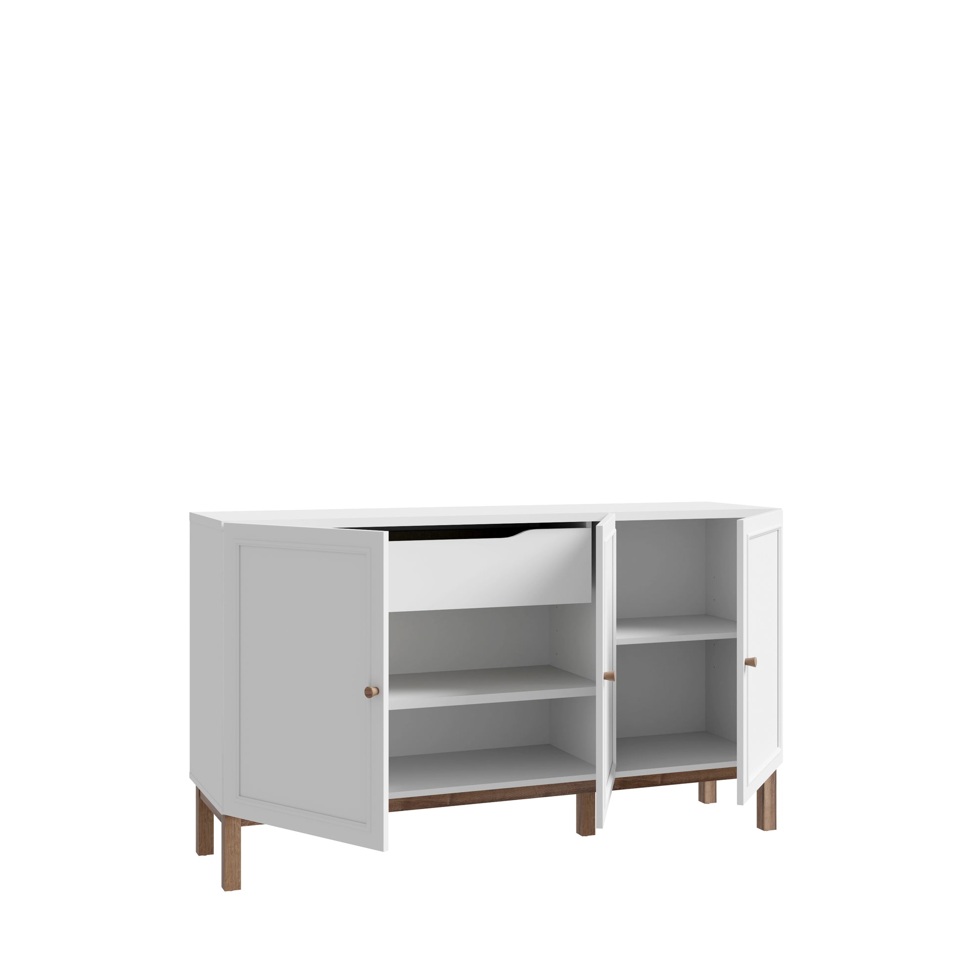 Elegantiška Penkrige komoda šviesiai pilka su paslėptu stalčiumi ir spintelėmis