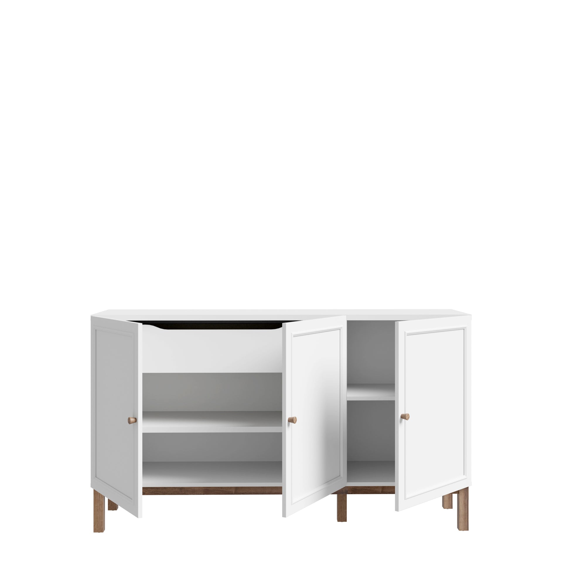 Elegantiška Penkrige komoda šviesiai pilka su paslėptu stalčiumi ir spintelėmis