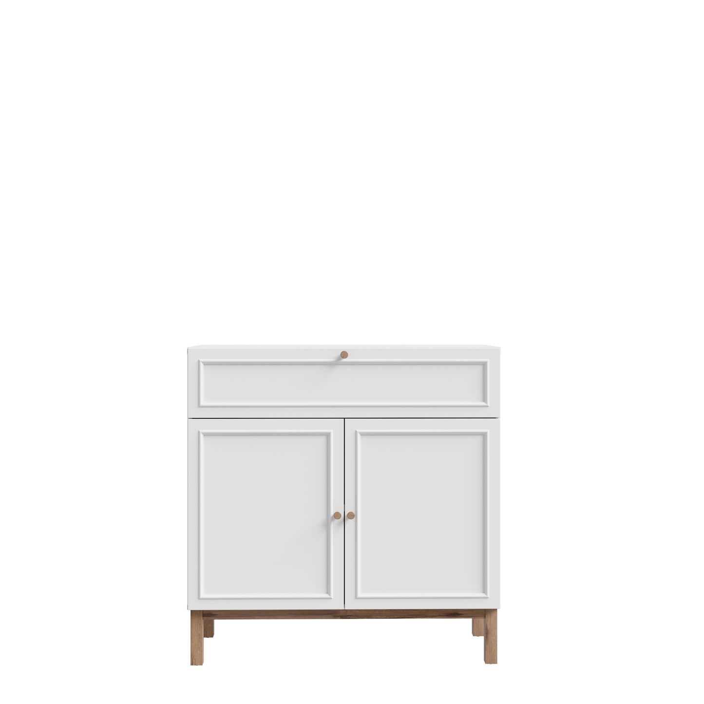 Penkrige elegantiška komoda su stalčiumi ir spintelėmis, šviesiai pilka