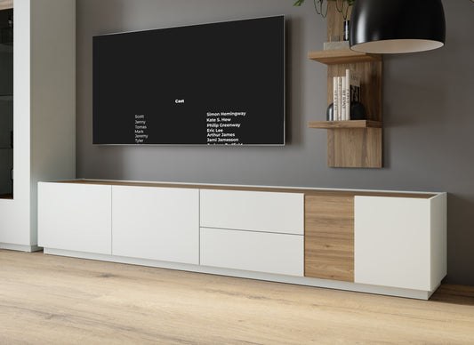 Lewisville TV spintelė šviesiai pilkos ir Valencijos ąžuolo spalvų