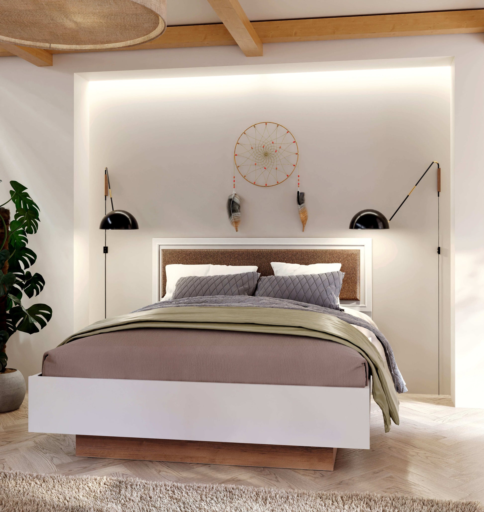 Klasikinė Penrige lova, šviesiai pilka su dekoruotu galvugaliu, grotelėmis