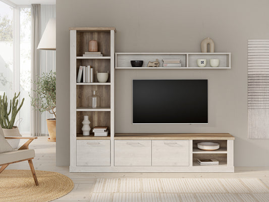 Sekcija Duro su lentynomis, spintelėmis ir pakabinama dalimi, šviesiai pilkos ir ąžuolo spalvos derinys