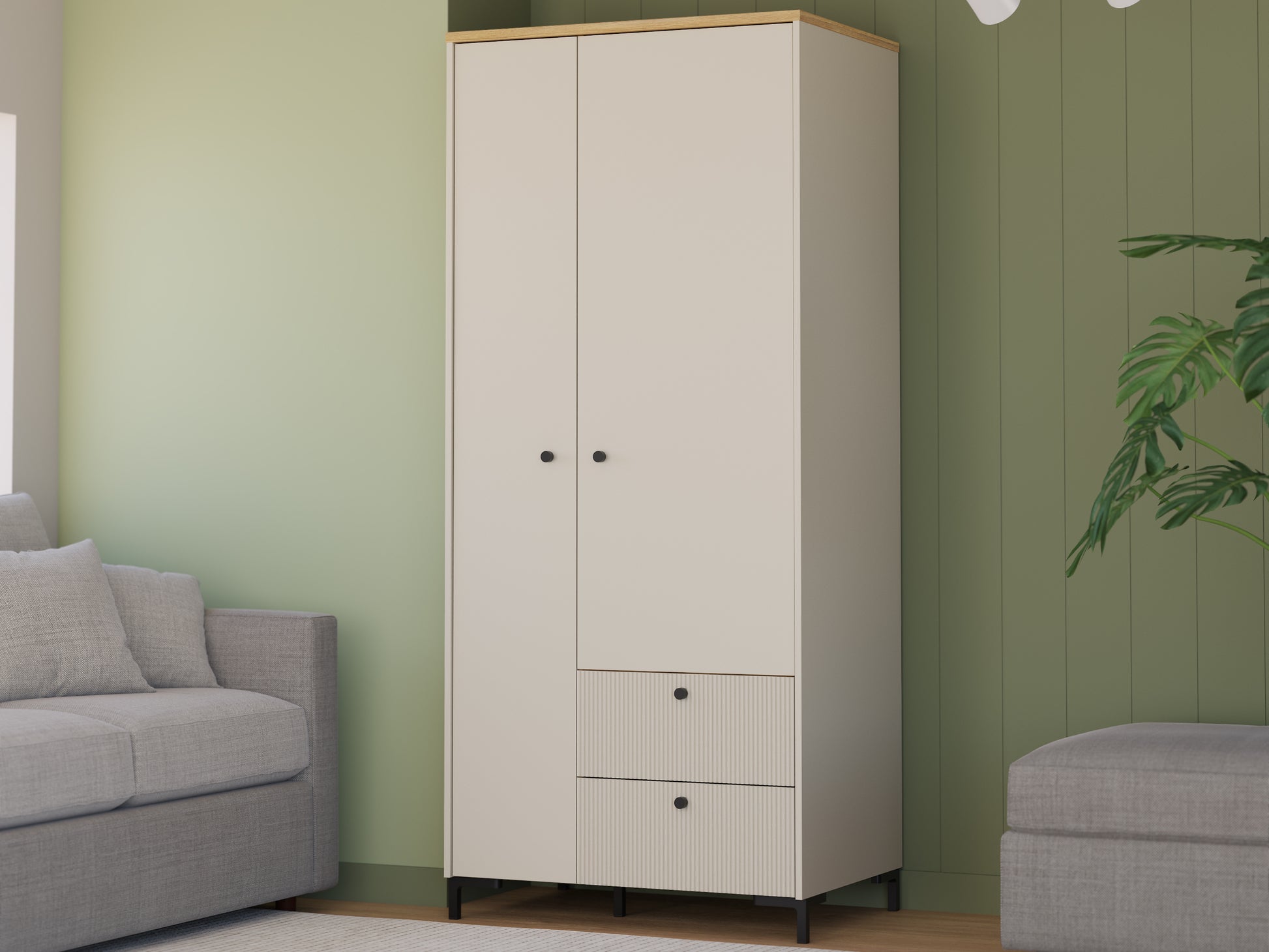 Bixbite kolekcijos dviejų durų spinta su lentynomis ir kabykla, smėlio ir Mauvela ąžuolo spalvos