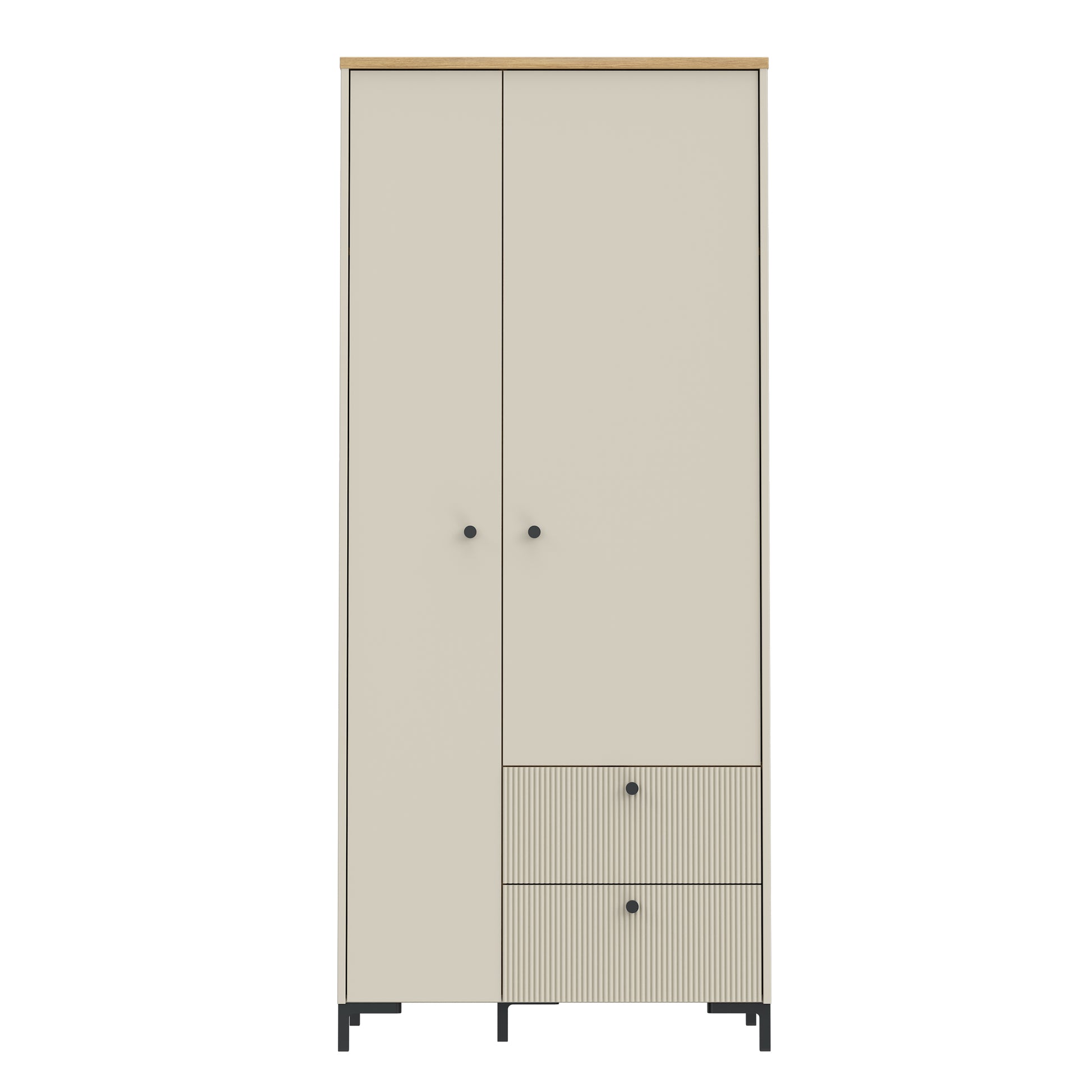 Bixbite kolekcijos dviejų durų spinta su lentynomis ir kabykla, smėlio ir Mauvela ąžuolo spalvos