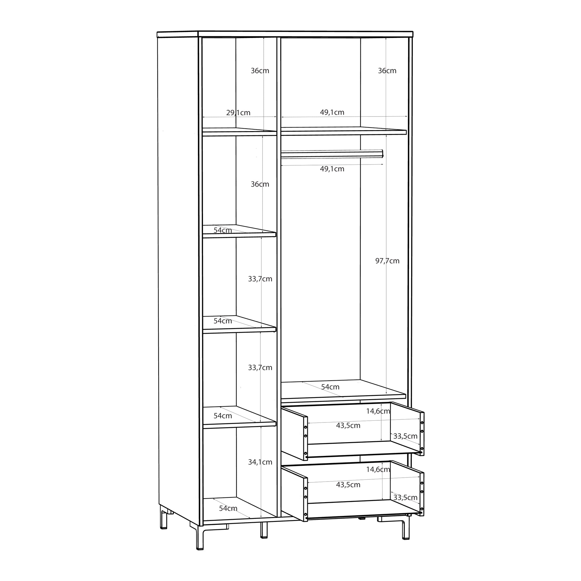 Bixbite kolekcijos dviejų durų spinta su lentynomis ir kabykla, smėlio ir Mauvela ąžuolo spalvos