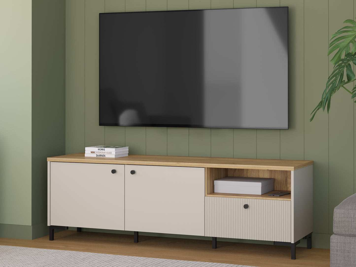 Bixbite televizoriaus staliukas su atvirais skyreliais ir stalčiais, smėlio ir Mauvela ąžuolo spalvos