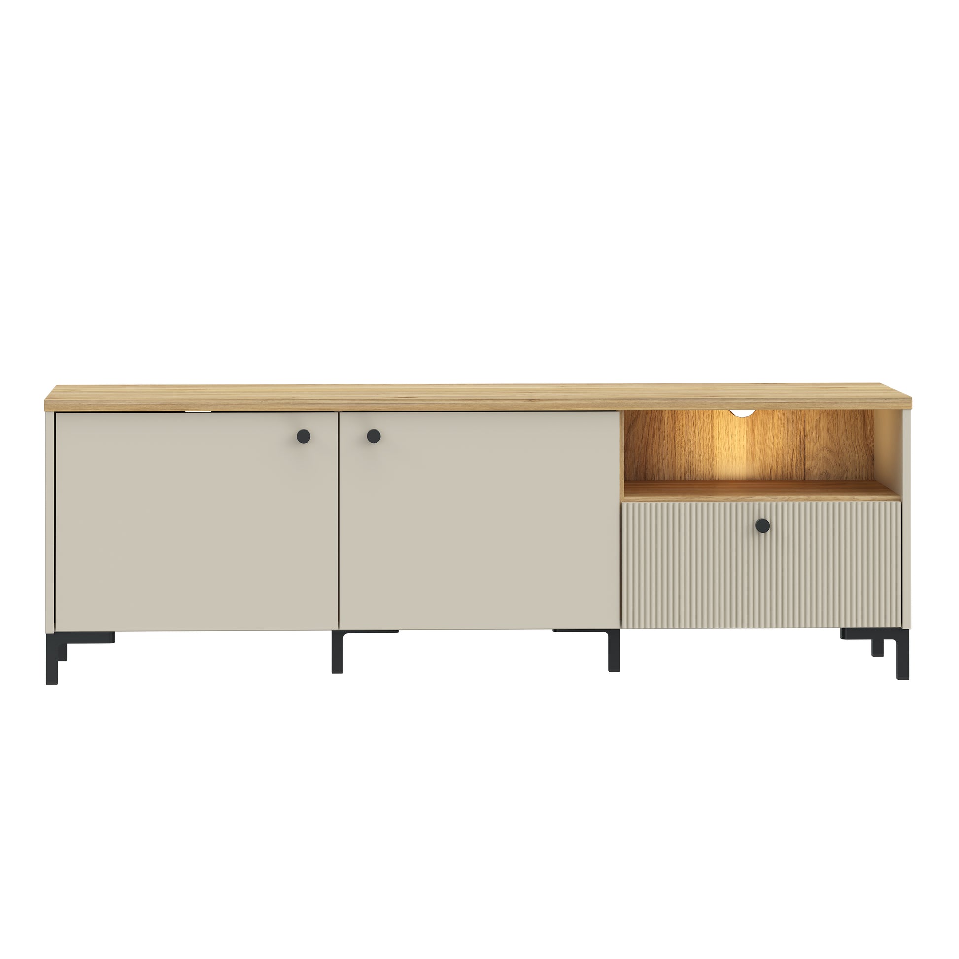 Bixbite televizoriaus staliukas su atvirais skyreliais ir stalčiais, smėlio ir Mauvela ąžuolo spalvos