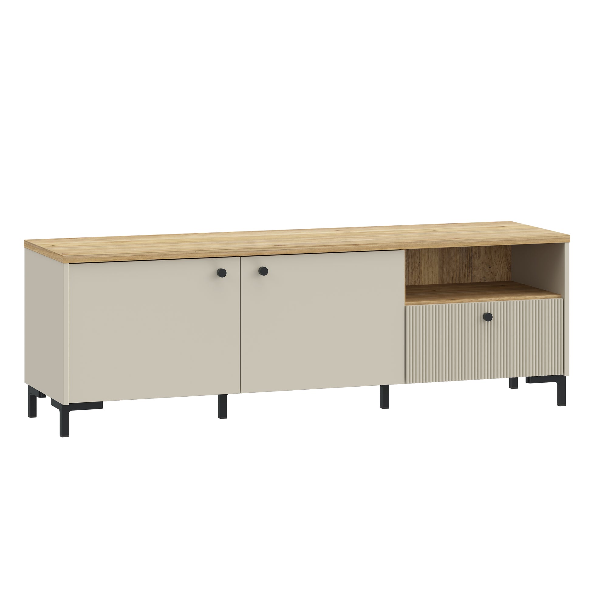Bixbite televizoriaus staliukas su atvirais skyreliais ir stalčiais, smėlio ir Mauvela ąžuolo spalvos