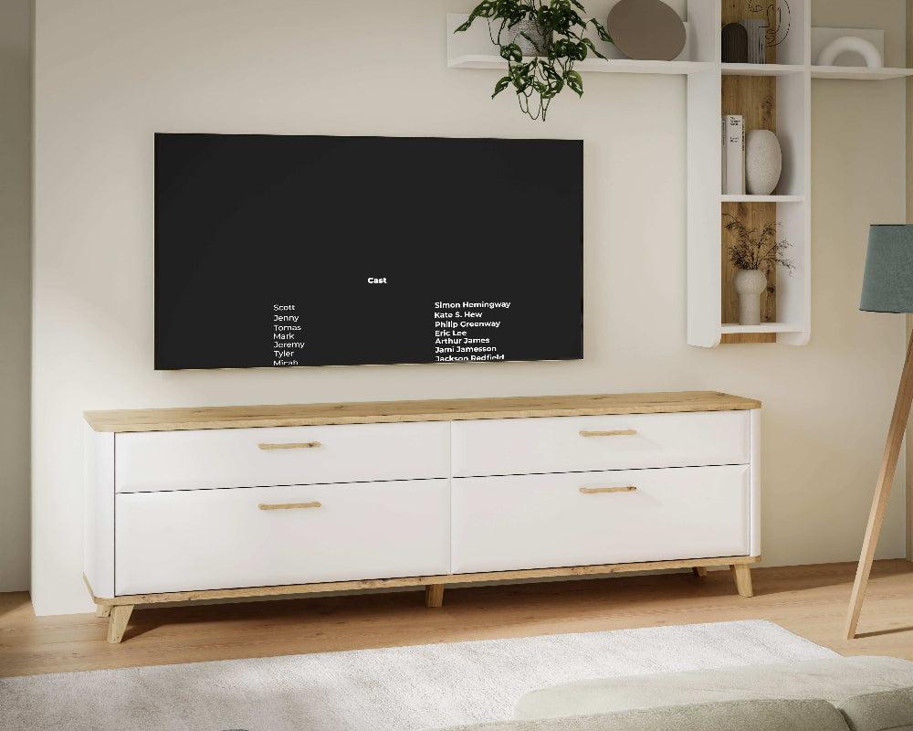 TV staliukas Wardiol baltos spalvos su medžio akcentais