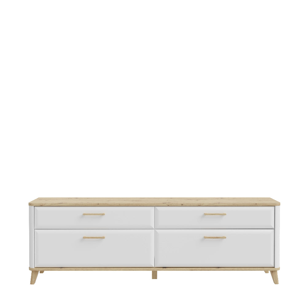 TV staliukas Wardiol baltos spalvos su medžio akcentais