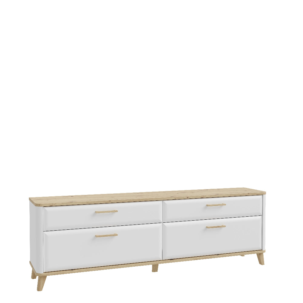 TV staliukas Wardiol baltos spalvos su medžio akcentais