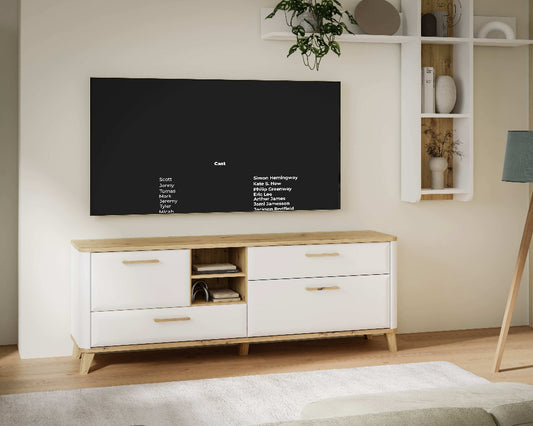 TV staliukas Wardiol baltos spalvos su medžio akcentais