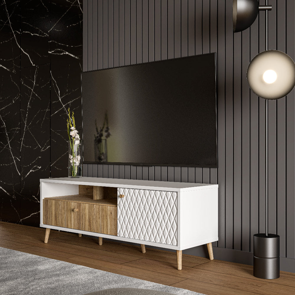 TV staliukas Aksana medžio ir baltos spalvos