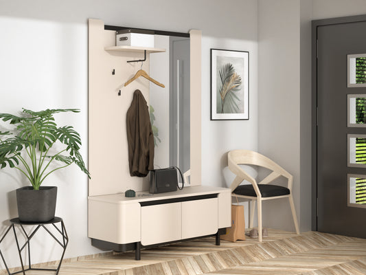 Prieškambario komplektas Vodol su batų spintele, veidrodžiu ir kabykla, šviesiai smėlio spalvos su juodais akcentais