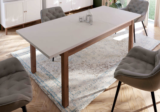 Penkrige išskleidžiamas šviesiai pilkas valgomojo stalas