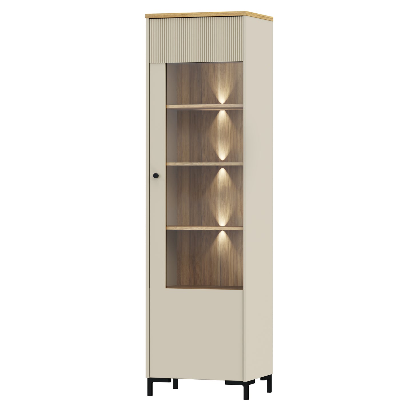 Bixbite kolekcijos vitrina su stiklinėmis durelėmis ir lentynomis, smėlio ir Mauvela ąžuolo spalvos