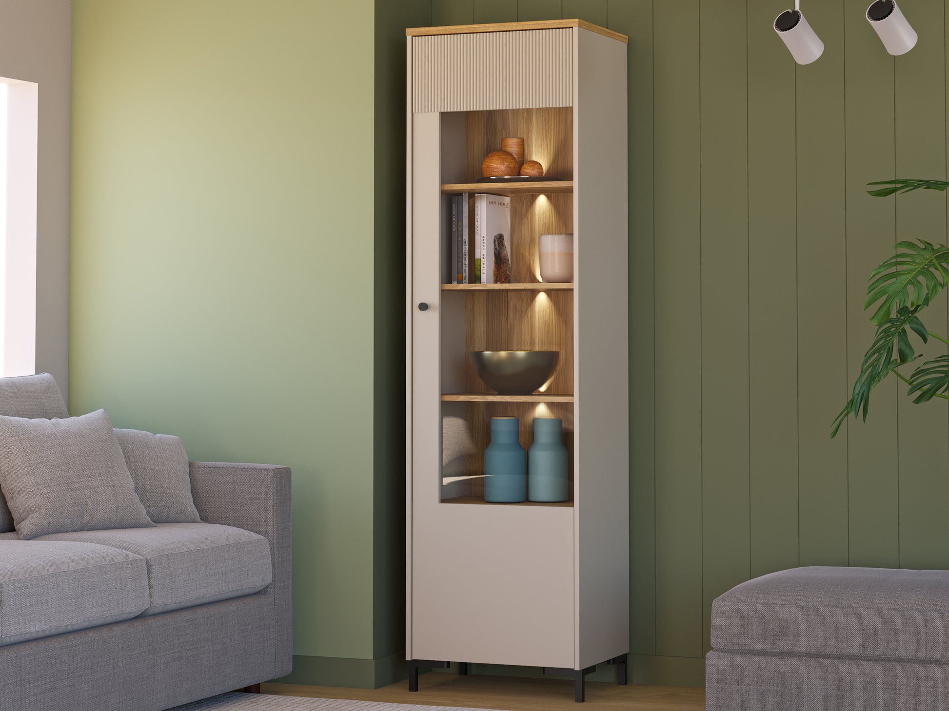 Bixbite kolekcijos vitrina su stiklinėmis durelėmis ir lentynomis, smėlio ir Mauvela ąžuolo spalvos