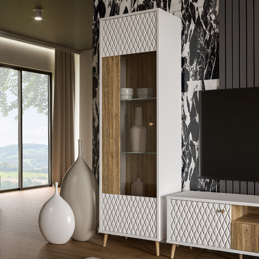 Vitrina Aksana medžio ir baltos spalvos