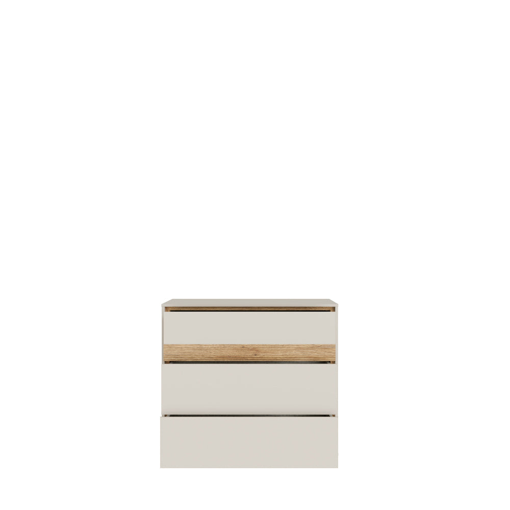 Komoda Wexlin smėlio spalvos su Mauvella ąžuolo detalėmis – modernus ir talpus miegamojo baldas.
