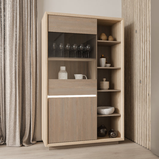 Ficar vitrina su stikline dalimi ir atviromis lentynomis Riva Oak ir Imbiah Pine spalvos svetainei arba valgomajam