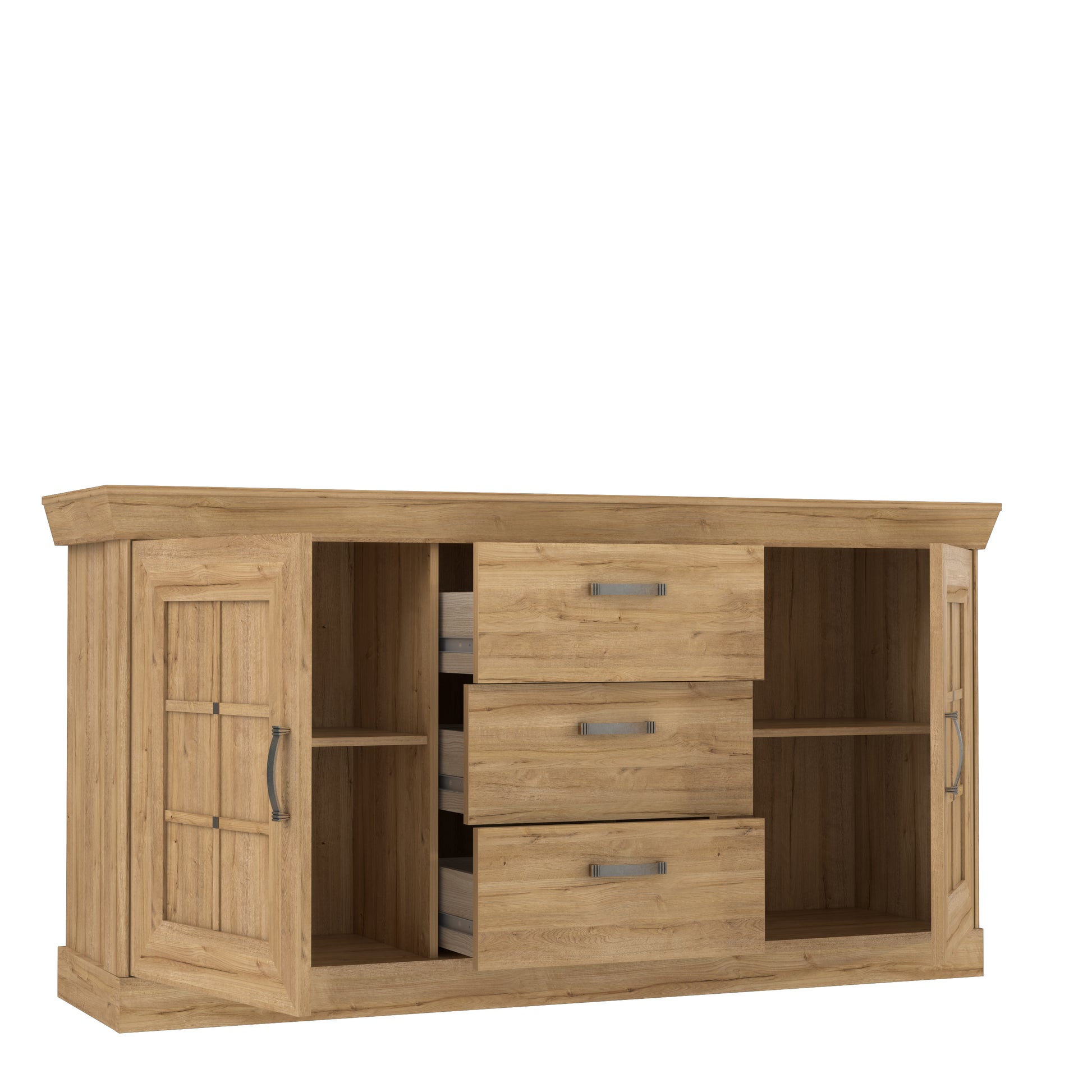 Kalikst kolekcijos komoda su trimis stalčiais ir dviem durelėmis, ąžuolo spalvos